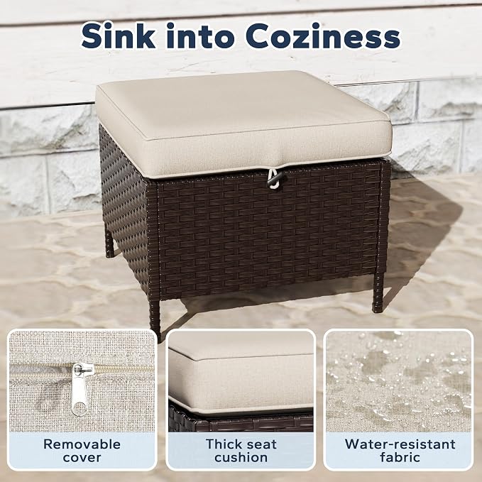 5 PCS Outdoor Conversation Set | 55" Couch, 2 Swivel Chairs, 2 Ottomans, Patio Wicker Conversation Furniture with Removable Cushions for Bistro, Deck, Sunroom (Beige)