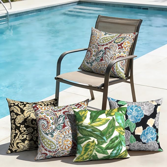 Outdoor Pillows with Insert 20x20 Inch, Waterproof Throw Pillow for Patio Furniture, Decorative Back Cushion for Garden Home Sofa Office Chair, Set of 2, Paisley Chilli