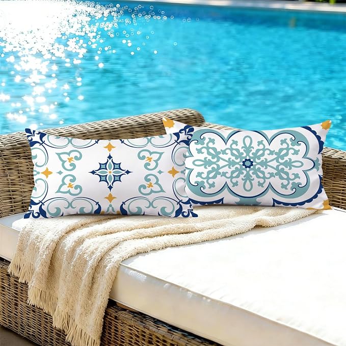 NIGHTWISH Outdoor Waterproof Pillow Covers 12x20 Set of 4 Teal Boho Decorative Outdoor Throw Pillows Floral Cushion Cases for Patio Furniture Bench Couch Sunbrella