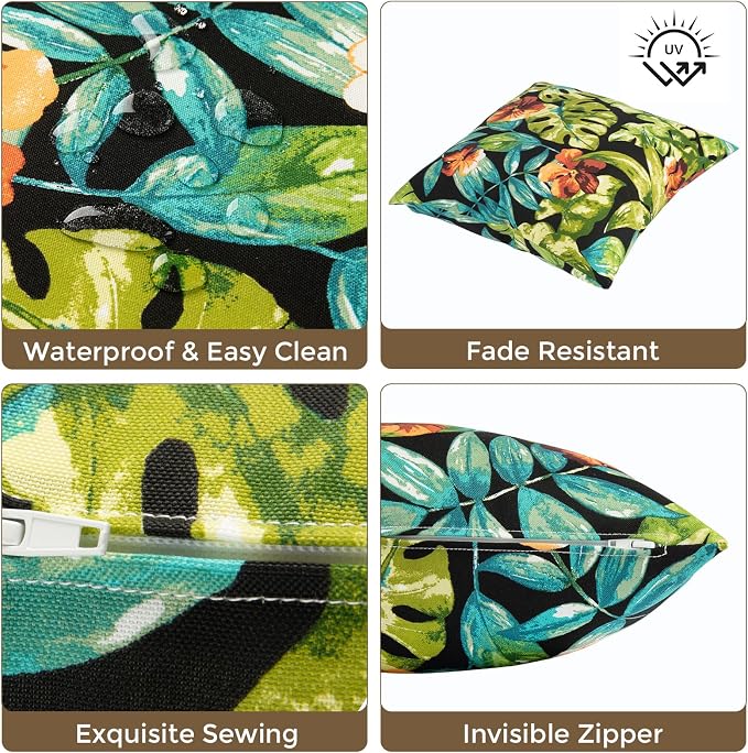 Throw Pillow Covers Set of 2,Outdoor Indoor Waterproof Decorative Patio Throw Pillowcase Shell 18x18 Inch, Square Cushion Case for Couch Sofa Garden Farmhouse Decoration-Tropical Green Leaves