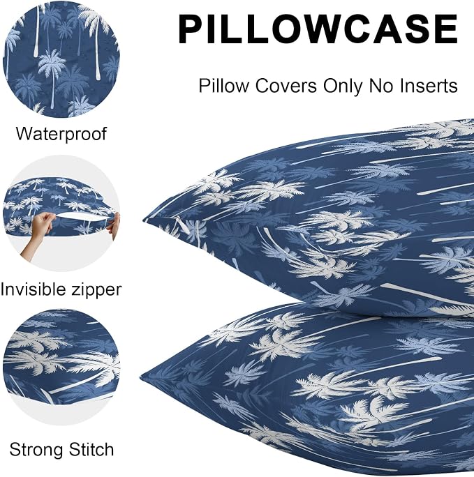 Throw Pillow Covers 20x20 Inch Set of 2, Tropical Palm Tree Waterproof Outdoor Pillow Covers, Navy Blue White Plants Coastal Leaf Decorative Cushion Pillowcases for Couch, Sofa, Bed, Garden, Patio