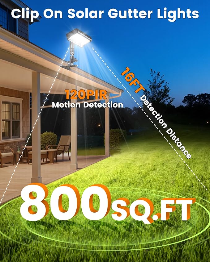 4PK Metal Clip on Solar Gutter Lights with Motion Sensor 600LM, Security Lights, Waterproof Outdoor Solar Lights for Fence, Deck, Patio, Garage, Camping