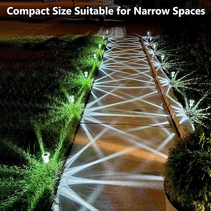 DenicMic Solar Pathway Lights Outdoor Waterproof Cold White LED 15 Pack | Yard Garden Driveway Walkway Landscape Path Lights, Starburst Pattern, Acrylic Diamond-like Lampshade Stainless Steel Pole