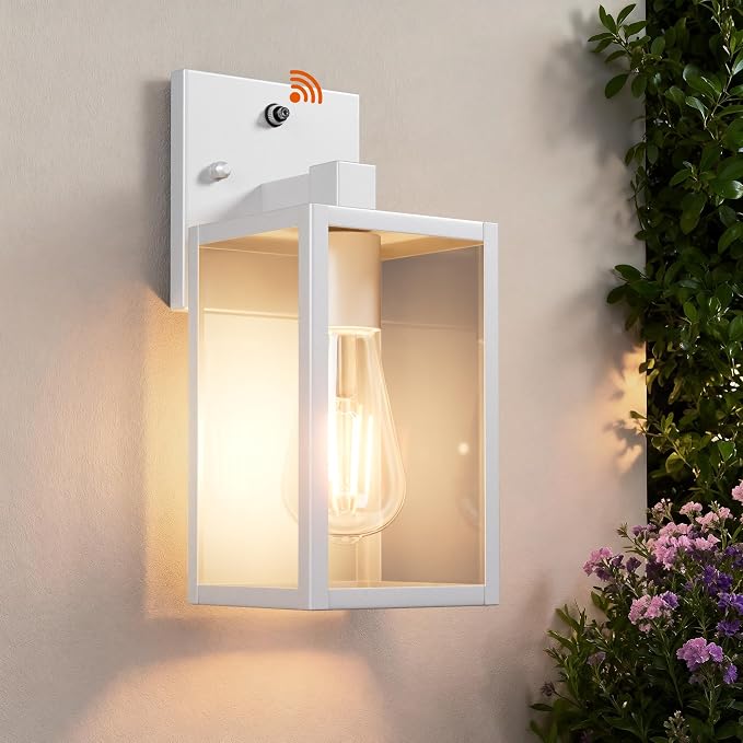 White Dusk to Dawn Outdoor Porch Lighting Fixtures Wall Mount, Sensor Exterior Wall Light for House, Ouside Lantern Lamp, Waterproof Wall Sconce Lights, Metal Coach Light for Garage Entryway