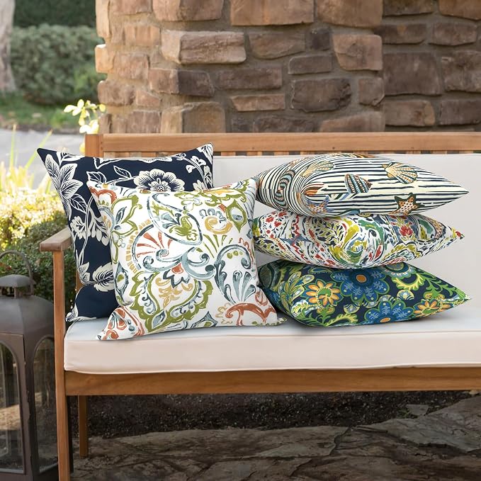 Outdoor 16x16 Inch Throw Pillow Covers Set of 2, Covers ONLY, All Weather Square Pillow Cases, Patio Cushion Pillow of Home Furniture Use, Paisley Botanical