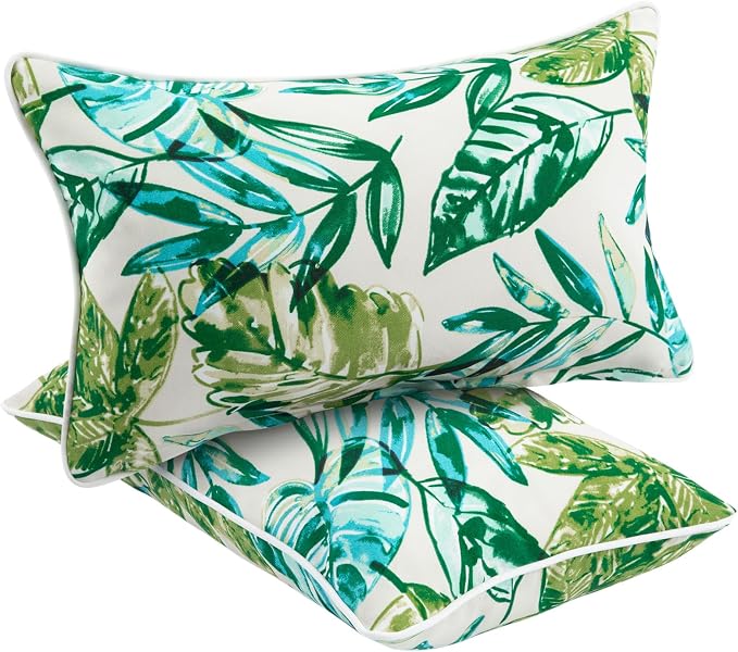 Water Resistant Outdoor Lumbar Pillows for Patio Furniture,12x20 Inch Decorative Pillows Set of 2 with Insert,Hidden Zipper Headrests for Sofa Couch Chair(Palm Leaf)
