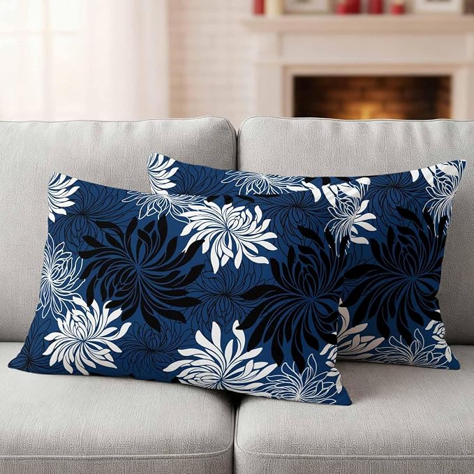 Yukro Blue Black Floral Outdoor Waterproof Pillow Covers Pack of 2, Vintage Blue White Black Flower Decorative Throw Pillowcases Cushion Covers for Garden Patio Tent Sofa Couch, 20x12 inch