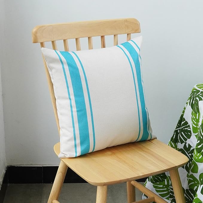 ONWAY Outdoor Pillow Covers Waterproof 18x18 Set of 2 Decorative Linen Throw Pillow Cover Beige and Blue Striped Outdoor Pillows for Patio Furniture