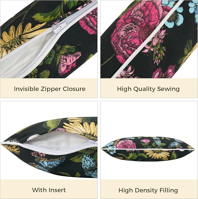 FUNHOME Outdoor Lumbar Pillows 12x20 inch,Decorative Throw Pillow Set of 2 with Insert,Water Resistant Headrests for Patio Furniture Sofa Couch Chair(Butterfly Flower Black)