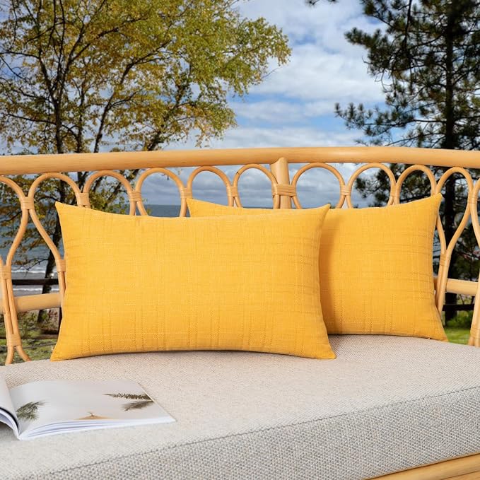 Kevin Textile Outdoor Waterproof 12”x20” Pillow Covers 2 Pack, Dark Yellow | Water Resistant, Soft Faux Linen-cotton Yarn-dyed Woven Texture Throw Pillow Covers for Tent Patio Garden Couch Sofa