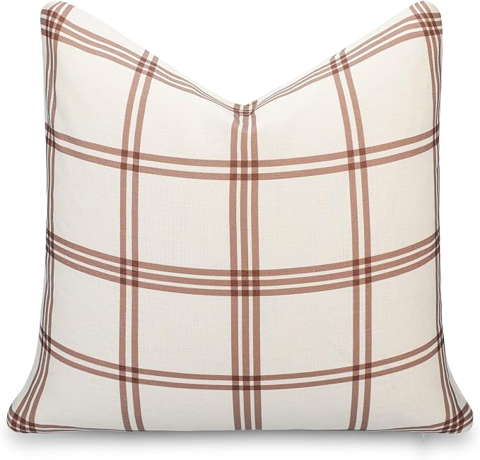 Crumbs Home Modern Farmhouse California Casual Indoor Outdoor Throw Pillow Cover, 22"x22" Water Repellent for Patio, Backyard, Couch, Poolside, Earth Tone Brown Dark Khaki Print Plaid