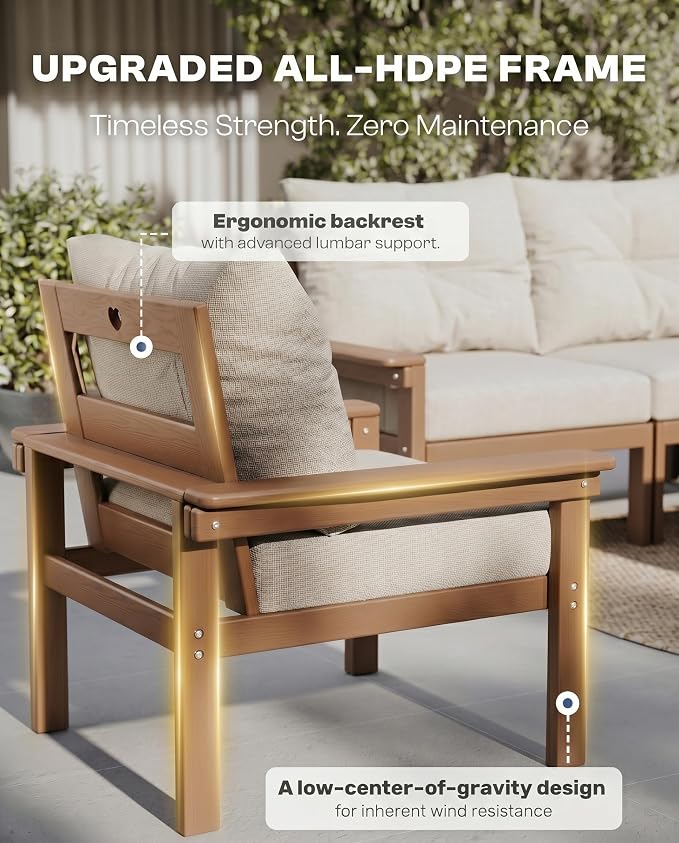 3 Piece HDPE Outdoor Patio Furniture Set, All-Weather 2 Armchairs with Side Table, Patio Conversation Set with Beige Washable Thick Cushion for Balcony/Porch/Backyard (Teak Frame)