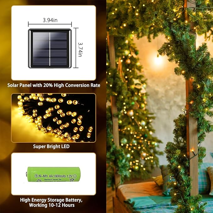 Solar String Lights Outdoor 4 Pack 170FT 480 LED Christmas Light Warm White | 8 Modes, Auto On/Off, Memory Function, Waterproof Solar Twinkle Lights for Outside Xmas Tree Garden Party Christmas Decor