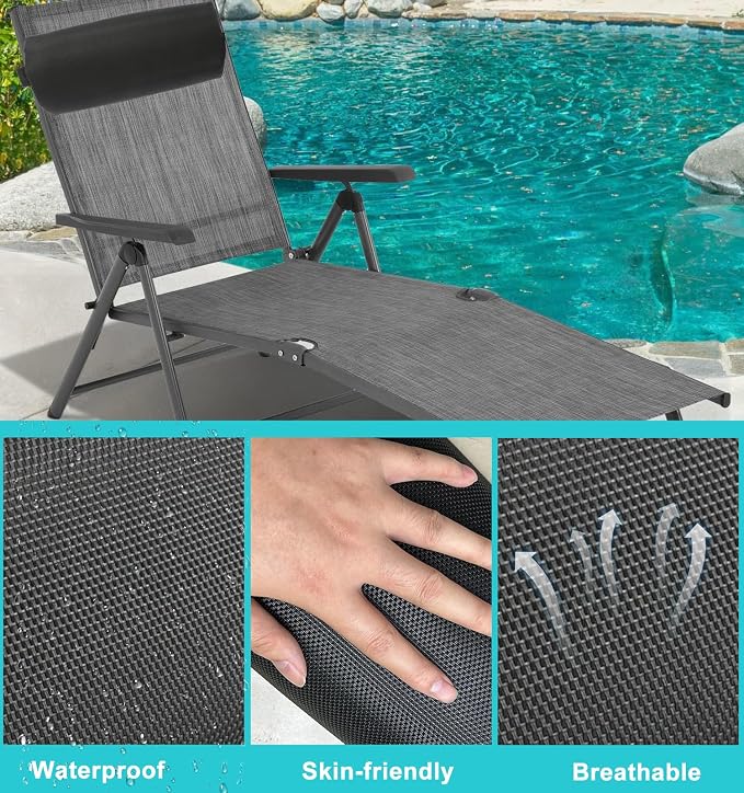 Lounge Chair Pillows with Strap 2 Pack Zero Gravity Chair Pillow Replacement 16.2" Long Neck Pillow for Recliner Outdoor Chaise Lounger Adirondack Patio Lawn Chairs, Black
