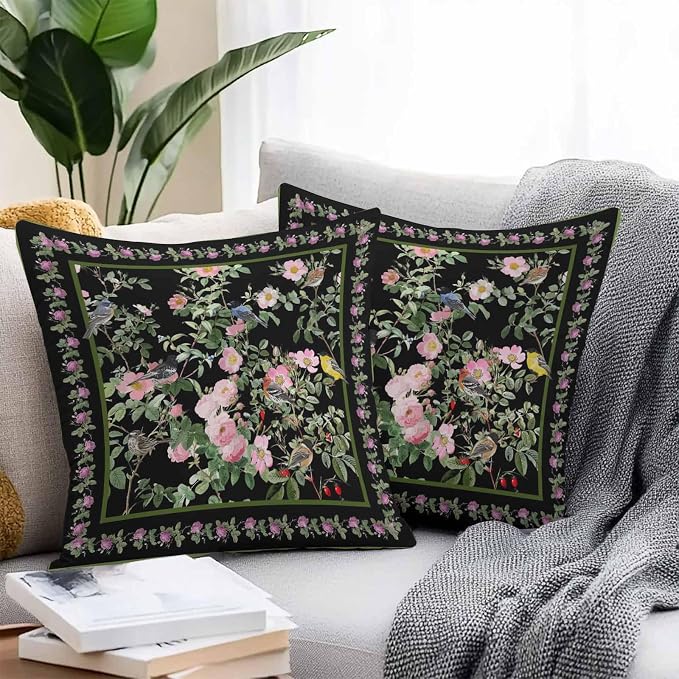 Vandarllin Outdoor Throw Pillows Covers 20x20 inch Set of 2 Waterproof Pink Floral Bird Decorative Zippered Cushion Covers for Patio Furniture, Green Leaves Branches Black Lumbar Pillowcases