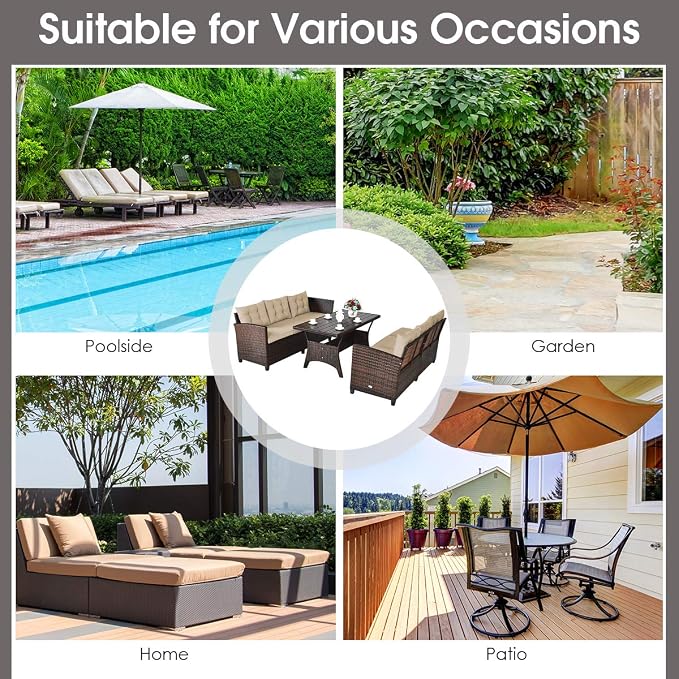 HAPPYGRILL 3 Pieces Wicker Patio Conversation Set, Outdoor Rattan Sofa Set with Cushions, Patio Furniture Set with Coffee Table for Patio Garden Lawn Poolside and Backyard