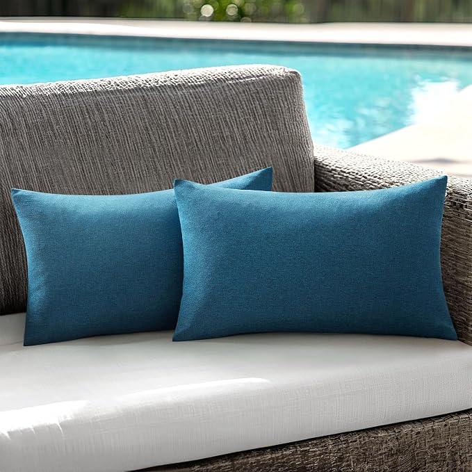 ANRODUO Pack of 2 Navy Blue Outdoor Pillow Covers for Patio Furniture Decorative Farmhouse Linen Cushion Sham Waterproof Lumbar Pillowcase for Garden Balcony Outdoor Decor 12x20 Inch