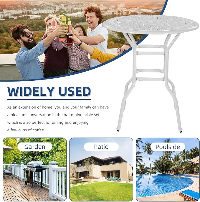 Outdoor Cast Aluminum Bar Table, 35.4" Patio Bar Height Table with 2" Umbrella Hole, All Weather High Top Bistro Round Dining Table for Outside Deck Porch Balcony Poolside, White
