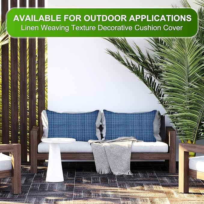 M METERXITY 2-Pack Outdoor Waterproof Throw Pillow Cover, 12x20 Inch Linen Weaving Texture Decorative Cushion Cover for Patio/Balcony/Garden, Water Resistant Pillow Case [Dark Blue]