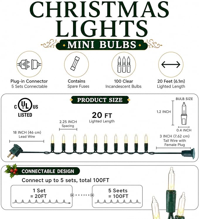 TW SHINE Warm White Christmas Lights Outdoor, 20FT 100 Count Incandescent Christmas Light Indoor, Waterproof Christmas Tree String Lights for Xmas Decorations | TW SHINE Christmas Light Indoor, Waterproof Christmas Tree String Lights for Outside Xmas D...