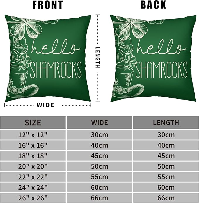 St Patricks Day Hello Shamrocks Pillow Covers 20x20 Green Lucky Charm Cushion Case Clover Hat Cotton Linen Pillowcase for Living Room March Holiday Decor Set of 2