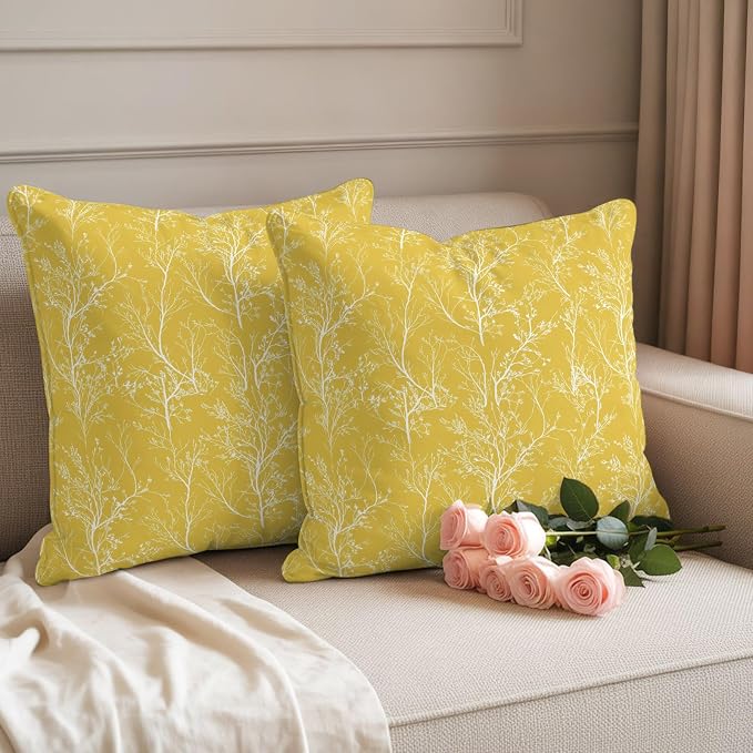 Yellow Branches Waterproof Outdoor Pillow Covers Set of 2 Home Decor, Abstract Art Leaves Plant Pillowcase Patio Pillow Covers for Couch Bench Patio Furniture Garden 18x18in