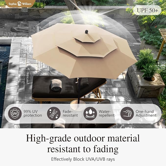 Sophia & William Patio Dining Set for 4 with 10ft 3 Tier Auto-tilt Umbrella, Outdoor Table Furniture Set with 4 x Metal Outdoor Chairs, 1 x Metal Square Dining Table and 1 Beige Patio Umbrella
