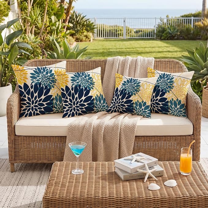 OTOSTAR Outdoor Dark Blue Yellow Cyan Pillow Covers 16x16 Inch Set of 2 Flower Throw Pillows Farmhouse Geometric Dahlia Floral Square Cushion Case Waterproof Decor for Sofa Patio Funiture Garden