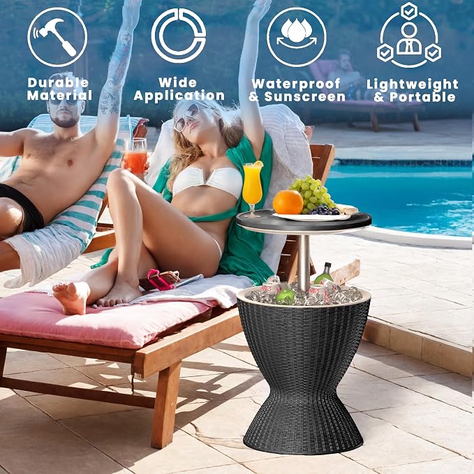 Outdoor Cool Bar Table 8 Gallon Portable Cooler Side Table,3-in-1 Cocktail Coffee Table Rattan Style,Sturdy, Waterproof & UV Resistant,Easy to Assemble & Clean for Indoor & Outdoor Use(Black)