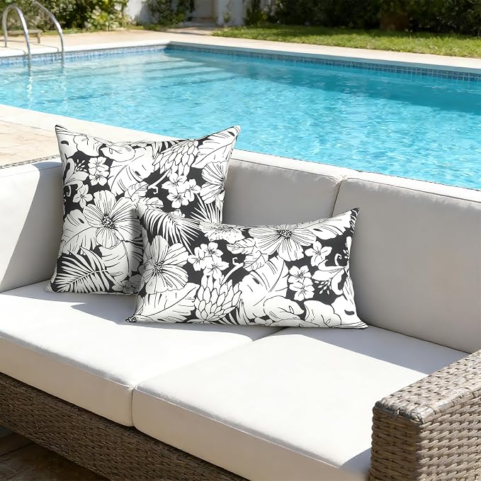 12x20 Inch Lumbae Pillow Covers, Rectangle Waterproof Throw Covers Set of 2, Decorative Patio Furniture Cushion Cases for Porch Garden, Tropical Blossom Noir