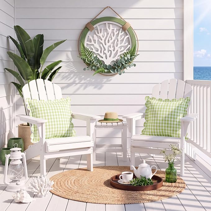 Gingham Scalloped Throw Pillow Cover 20"x20",Green