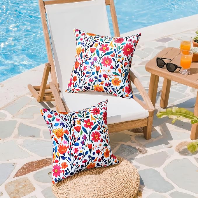 Outdoor Pillow Covers 20x20 Inch Set of 2, Red Floral Printed Boho Throw Pillows Cases Waterproof Square Garden Cushion Sham for Spring Summer Patio Funiture Tent Balcony Bench Sofa Couch
