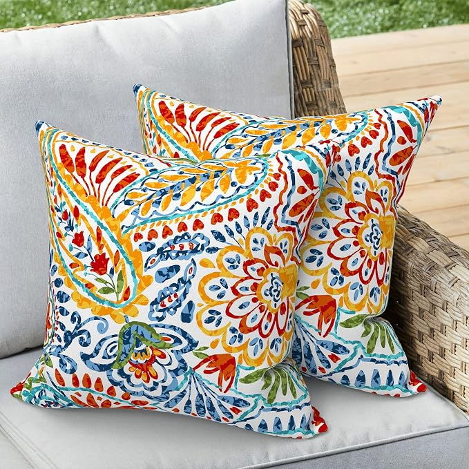 Outdoor 16x16 Inch Throw Pillow Covers Set of 2, All Weather Square Pillow Cases, Covers ONLY, Patio Cushion Pillow of Home Furniture Use, Paisley Multi