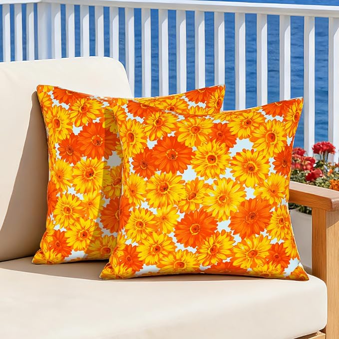 Eternal Beauty 18X18'' Set of 2 Outdoor Decorative Pillow Covers Waterproof Outdoor Pillow Covers for Spring Summer Patio Throw Pillows, 18X18 inches, Sunflower