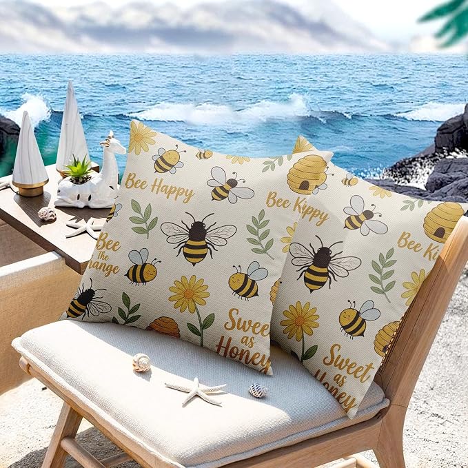 Throw Pillow Covers, Bee Sunflower, Set of 2, 18 x 18 Inch | Motivational Yellow Outdoor Waterproof Square Cushion Case Pillowcase Farmhouse Garden Decorative Pillows for Couch