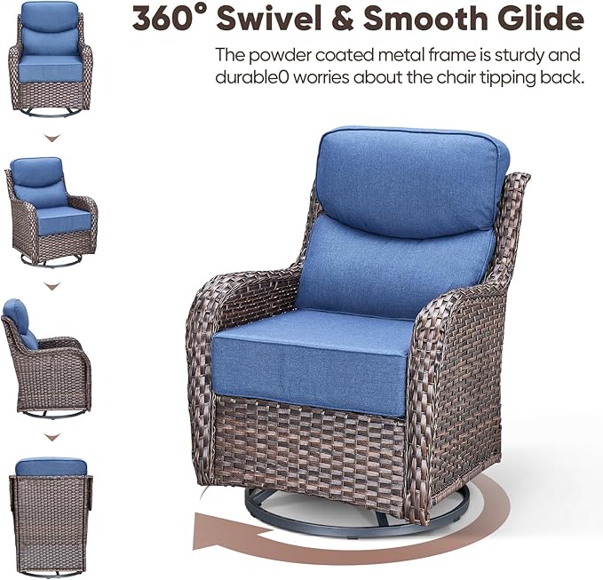 Swivel Patio Chairs Set of 3 with 6" Thick Cushion - Wicker Outdoor Swivel Rocker Patio Chairs with Side Table, High Back Comfortable Outdoor Glider Chair - Brown Wicker Blue Cushion