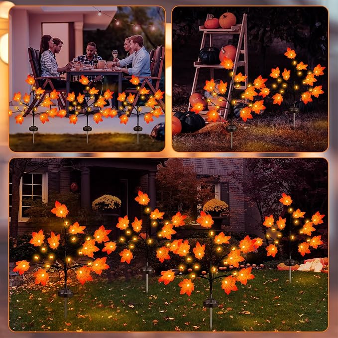 Rossesay 4 Pack Outdoor Fall Solar Lights Decorations Thanksgiving Waterproof Orange Maple Leaf Lights, Autumn Artificial Tree for Halloween Christmas Party Yard Garden Decor, 10 LED 8 Modes