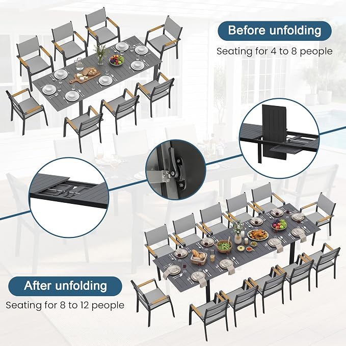 FansaFurn Patio Furniture Set with 121" Extendable Dining Table, Patio Table Set for 4–8 People, All-Weather Aluminum Outdoor Furniture, Outdoor Dining Set for Backyard, Porch, and Garde, Grey