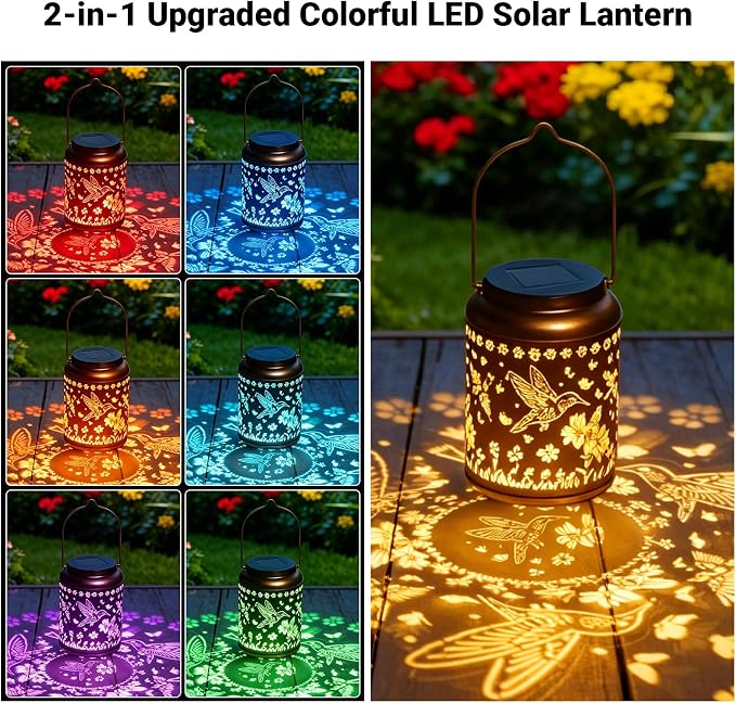 2 Pack Waterproof Hummingbird Solar Lantern Outdoor Hanging Garden Light | Colorful LED metal Hummingbird lantern; durable, waterproof outdoor decor perfect for patio, yard, or as a gift for women