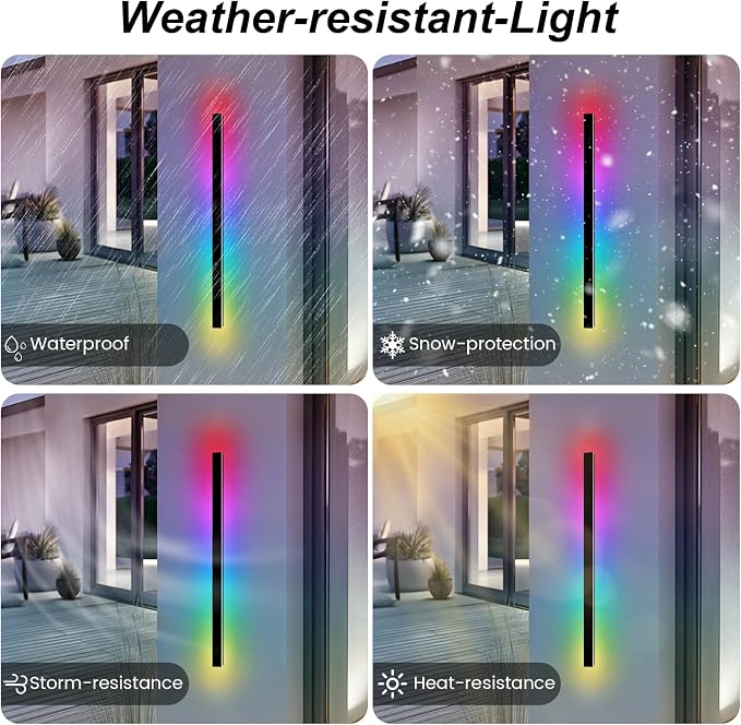 RGB Outdoor Wall Lights, Ip65 Waterproof Linear Led Modern Wall Sconce, 7 Colors and 358 Light Effects, Dimmable with Remote Modern Linear Exterior Light Fixture 59 inch (1 Pack)