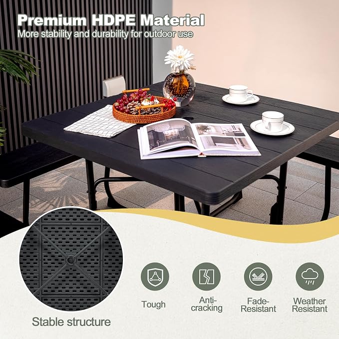 POWERSTONE Picnic Tables with Benches for 8, Outdoor HDPE Picnic Table with Umbrella Hole, Heavy Duty 35" Portable Dining Set Camping Table for Backyard, Patio, Park(Black)