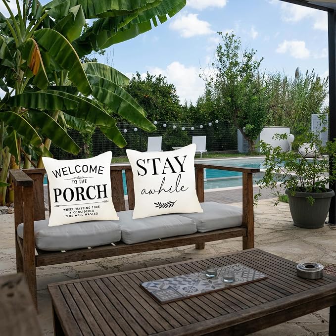 Welcome to Our Porch Stay Awhile Waterproof Outdoor Pillow Covers 18x18 Set of 2 Farmhouse Patio Furniture Decorations for Outside Garden Decor