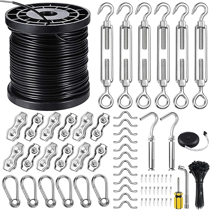 BLIKA String Light Hanging Kits, 300FT Coated Stainless Steel 304 Wire Rope | Outdoor Light Guide Wire, Globe String Light Suspension Kit Included Turnbuckles, Enough Accessories, Use Manual