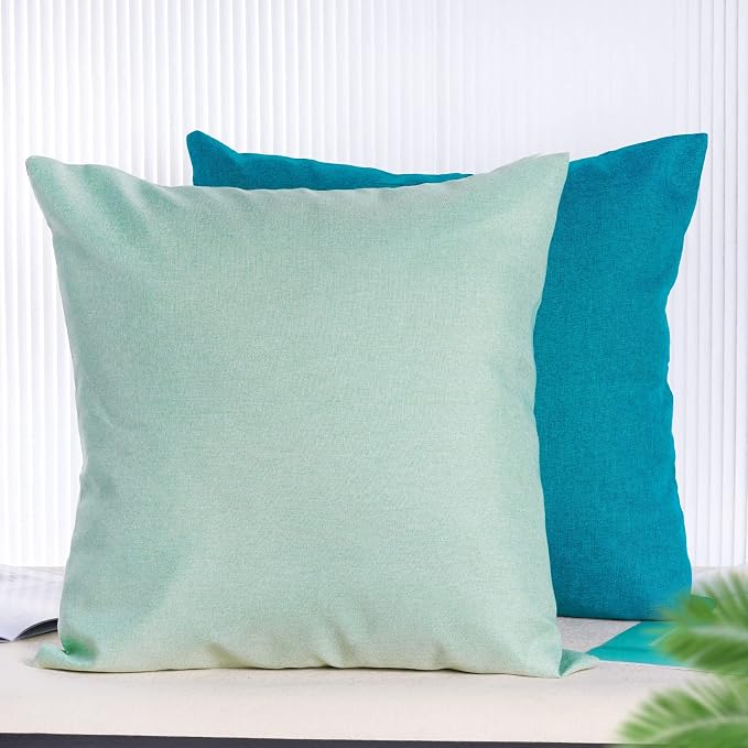Pack of 4 Decorative Outdoor Waterproof Throw Pillow Covers ONLY Square Garden Cushion Cases for Patio, Couch, Tent and Sofa, 18 x 18 Inches, (Blue-Green, Blue, Green, Light Green)