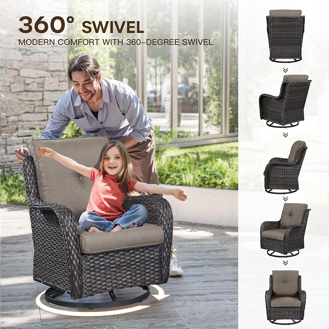 Patio Loveseat Glider Set, Resin Wicker Loveseat Glider with 4 Swivel Patio Chiars Rectangular Firepit Table, 7 Piece Patio Conversation Loveseat Set, Brown Wicker|Grey Cushions