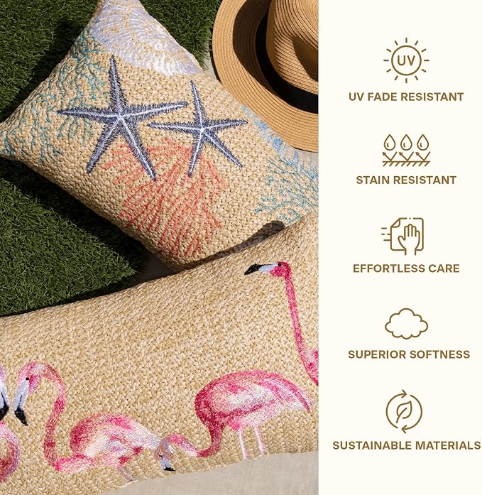Honeycomb Outdoor Lumbar Pillows for Patio Furniture, 12 x 19, 2-Pack | Raffia Seashore Reef Throw Pillows, Water & Fade Resistant for Patio Furniture Set, 2-Pack