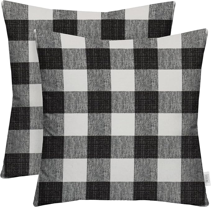 RSH DECOR Square Throw Pillows Set of 2, 24" x 24", All Weather Pillows, Black Buffalo Plaid, Made in USA