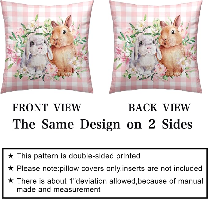 Spring Easter Pillow Covers 20x20 Pack of 2 Lovely Rabbit with Lily Flower Throw Pillow Covers Pink Plaid Bunny Pillow Case for Spring Easter Decoration Sofa Patio Garden