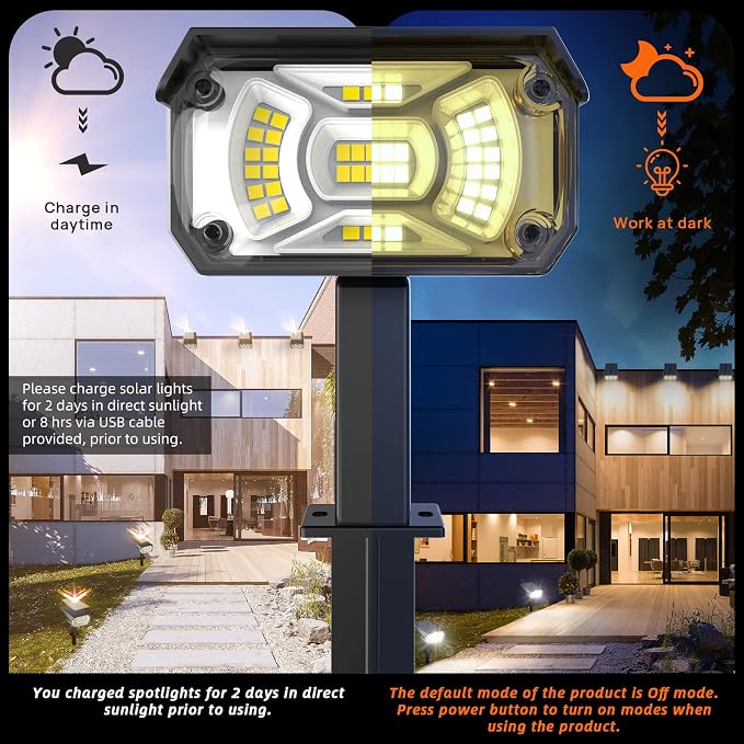 LEREKAM Solar Lights Outdoor Waterproof Landscape Lights, 40 LEDs Solar Spot Lights Outdoor Spotlights with 3 Light Modes, USB & Solar Powered Garden Yard Wall Lights Auto On/Off for Patio 6 Pack