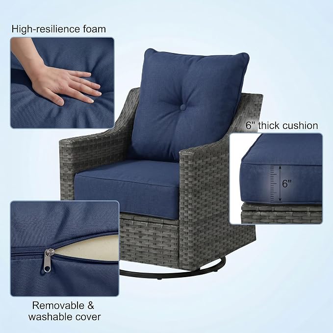 9 Piece Patio Furniture Set with 6" Thick Cushions, Weather-Resistant Wicker Swivel Rocker High Back Chairs and Fire Pit Table for Porch Yard Deck